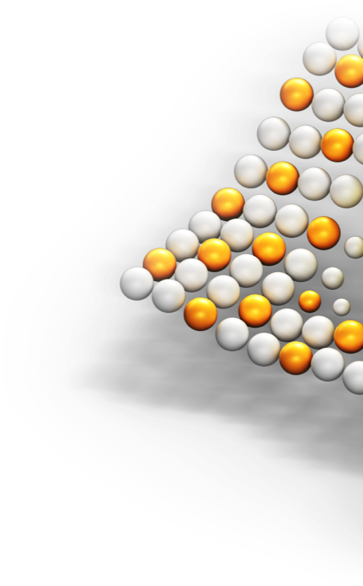 Hovering geometric shape comprised of a collection of white and orange balls.